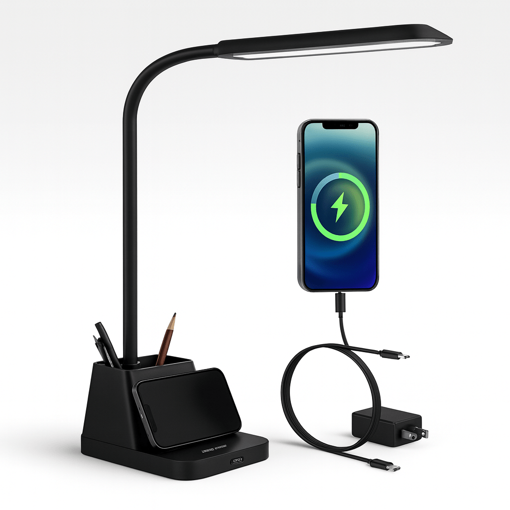 Black LED desk lamp with flexible arm, phone stand and pen holder base, USB-A charging port, cable and wall adapter, on a white background.