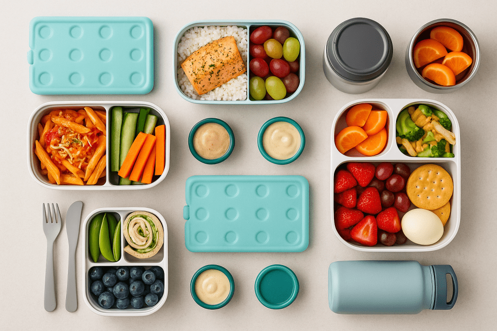 Three bento lunch boxes overhead: grains, protein, fruit/veg, and a crunchy snack — back-to-school meal prep ideas