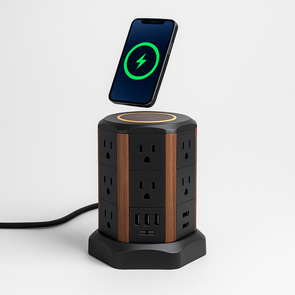 Wood-tone surge protector tower with Qi wireless pad, 8 outlets, 4 USB (2 USB-C) — compact dorm desk power station.