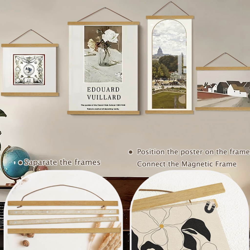 Lightweight frames / poster rails — no nails needed.
