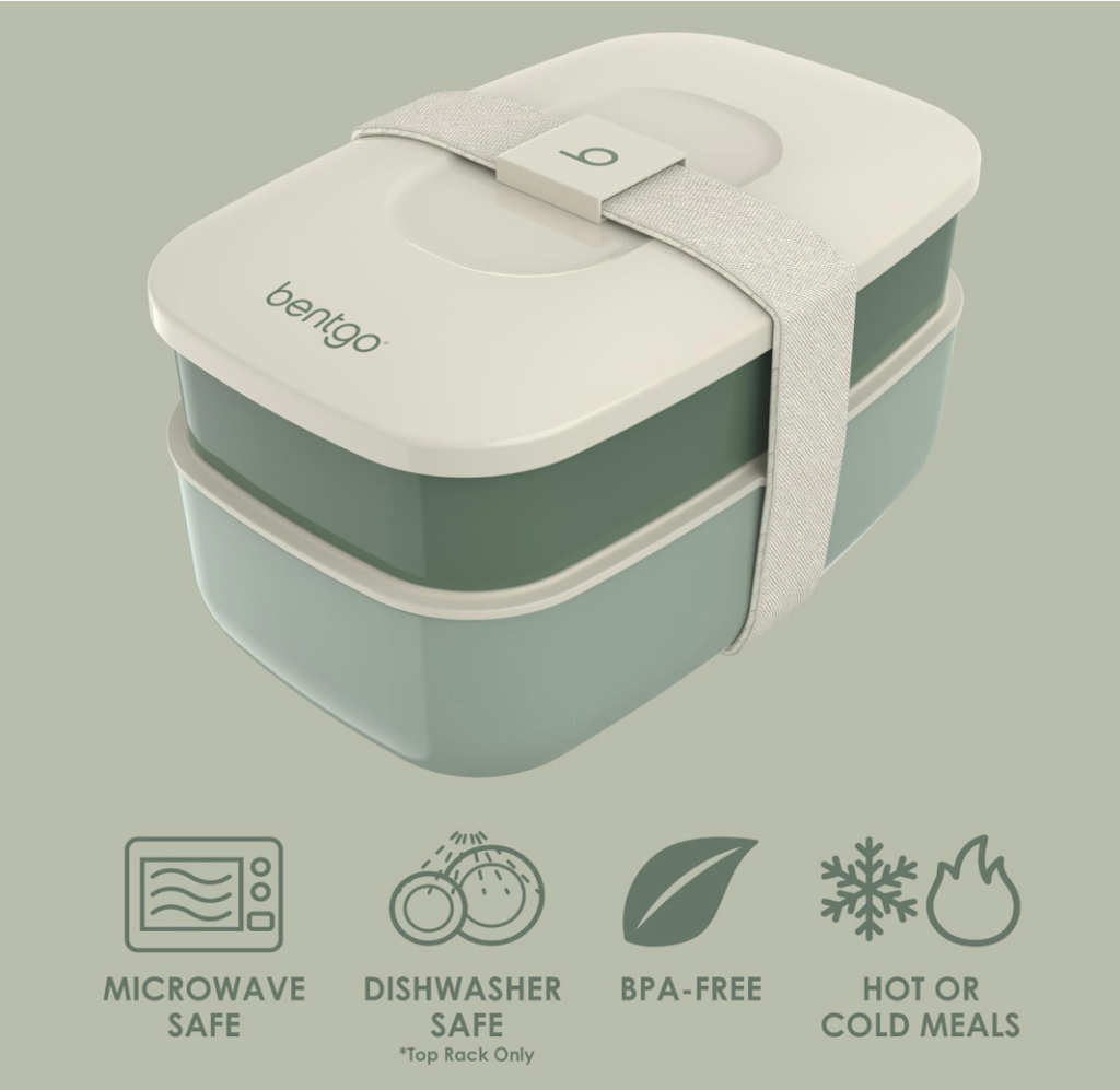 Bento collage: Two-tier leak-proof bento boxes with dividers filled with fruit, veggies, and sandwiches on a white counter.