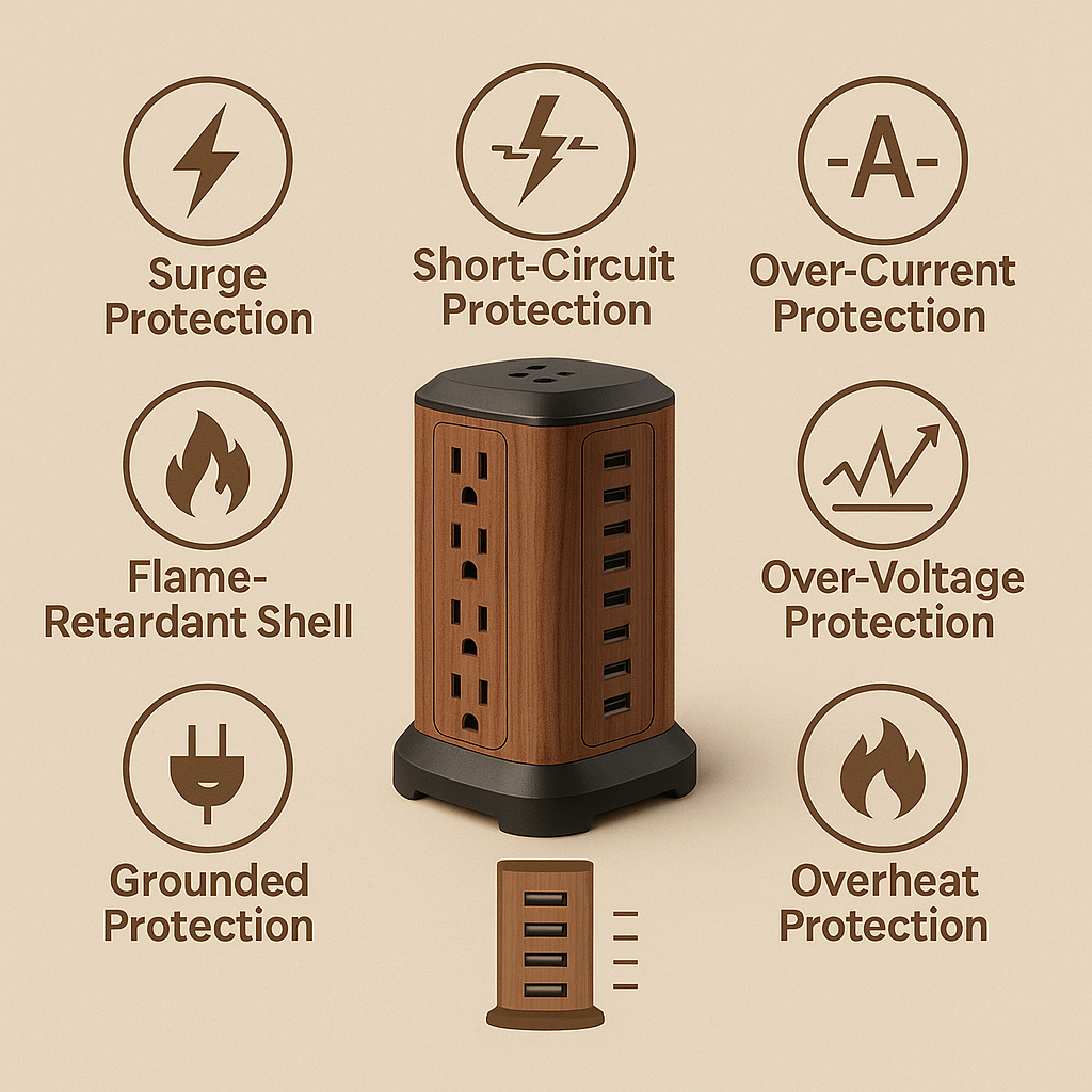 Wood-tone vertical power tower on a desk charging a phone via Qi with dual monitors in the background; 12 AC outlets, 4 USB-A and 2 USB-C visible.