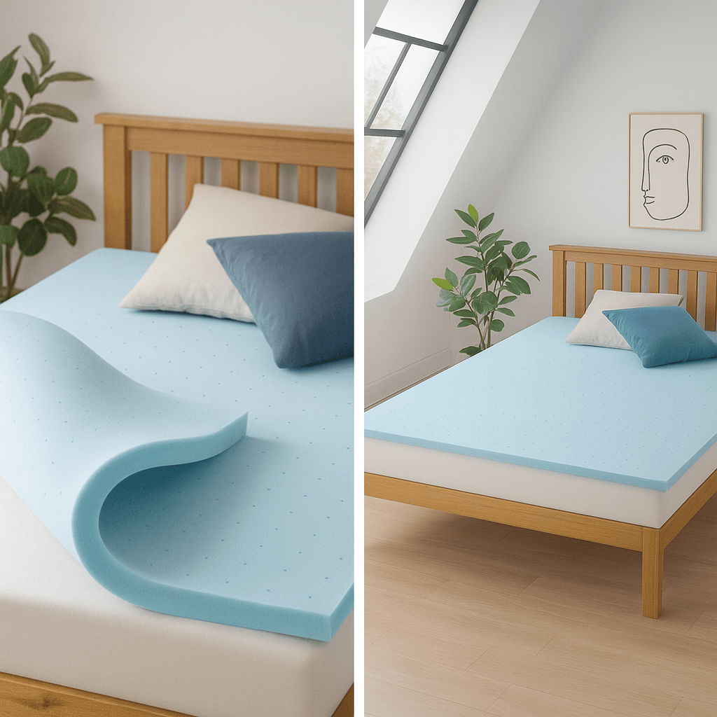 Left image: LUCID lavender memory foam mattress topper on a gray bed—close-up of the topper layered over a white mattress