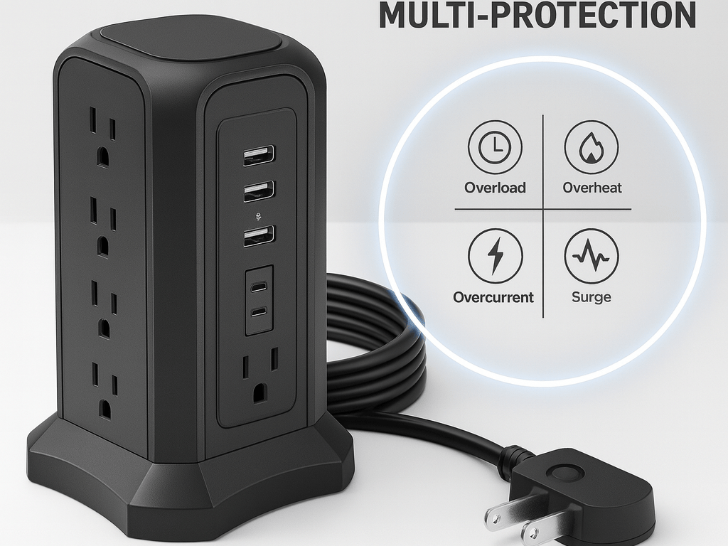 Compact outlet tower power strip with USB charging.