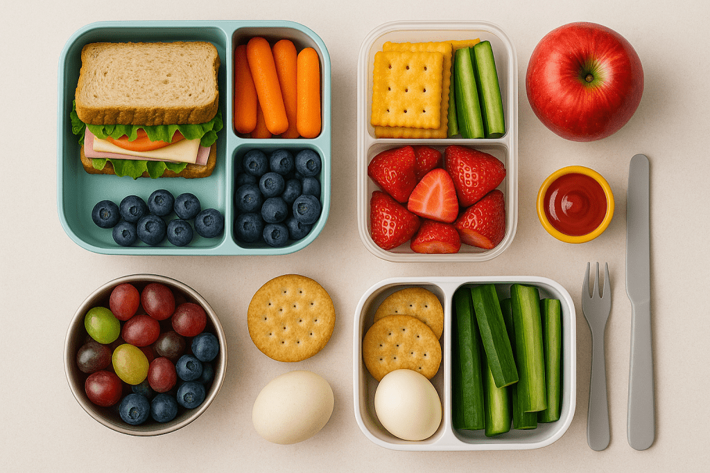 Four meal-prep containers with rice, chicken, veggies, and fruit — quick school lunch prep.