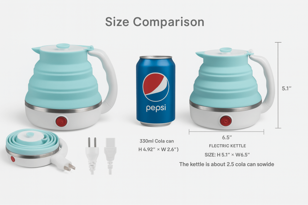 Collapsible travel electric kettle (pastel blue) shown folded and expanded, with size comparison to a 330 ml soda can (5.1″ H × 6.5″ W) and included power cord.