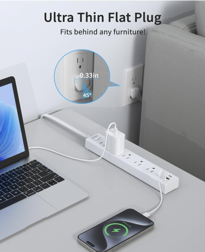 Surge protector with USB-A/USB-C (flat plug + long cord)