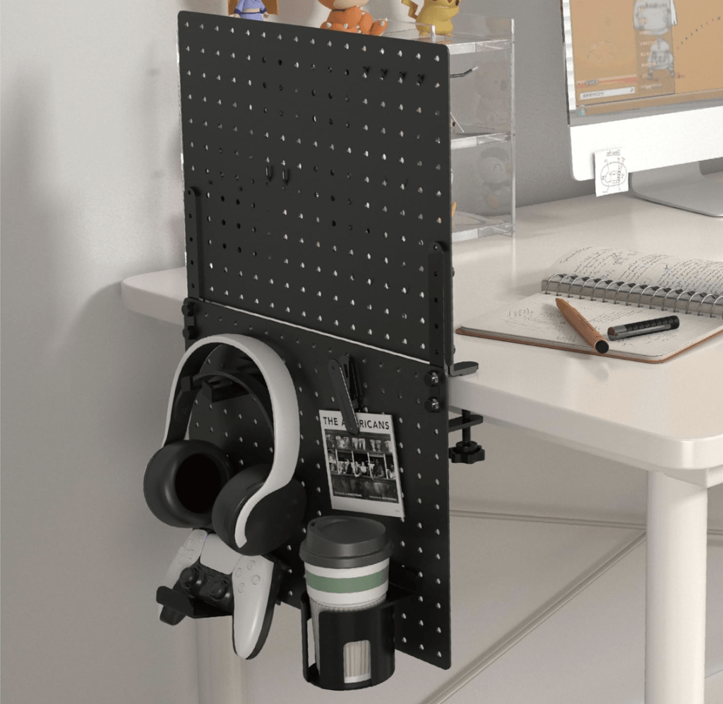 Pegboard or grid panel — modular hooks and baskets.