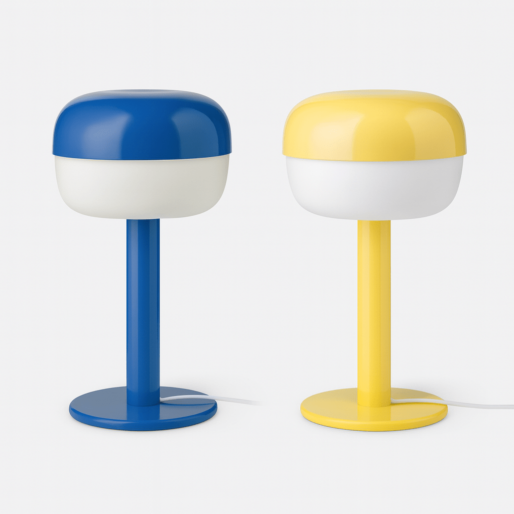 Two modern mushroom-shaped LED desk lamps in blue and yellow on a white background.