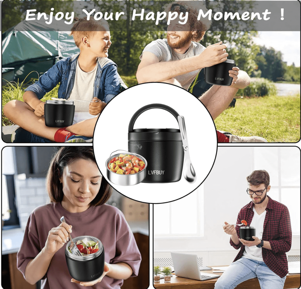Insulated food jar for hot lunches.
