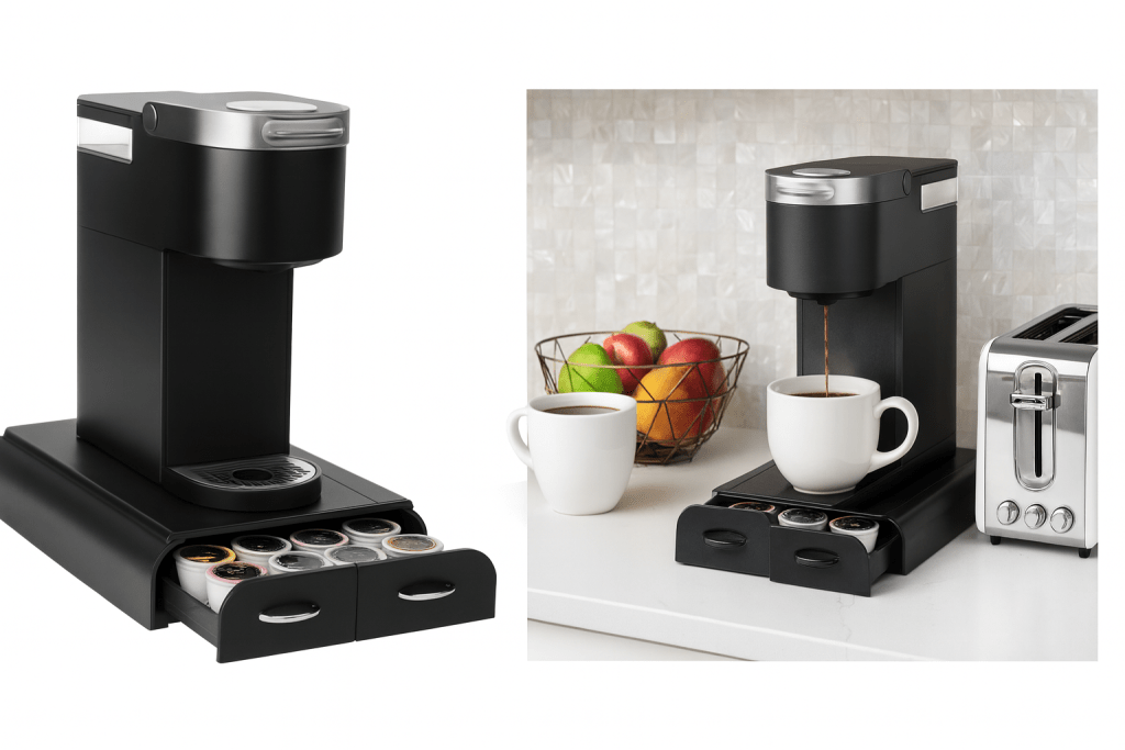 Left image alt: Single-serve coffee maker on pod-storage drawer, open tray showing coffee pods (studio close-up)