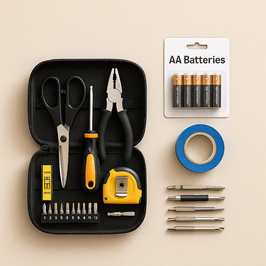 Compact 39-piece household tool kit in a zip case with scissors, multi-bit screwdriver, pliers, tape measure and utility items — dorm essentials.