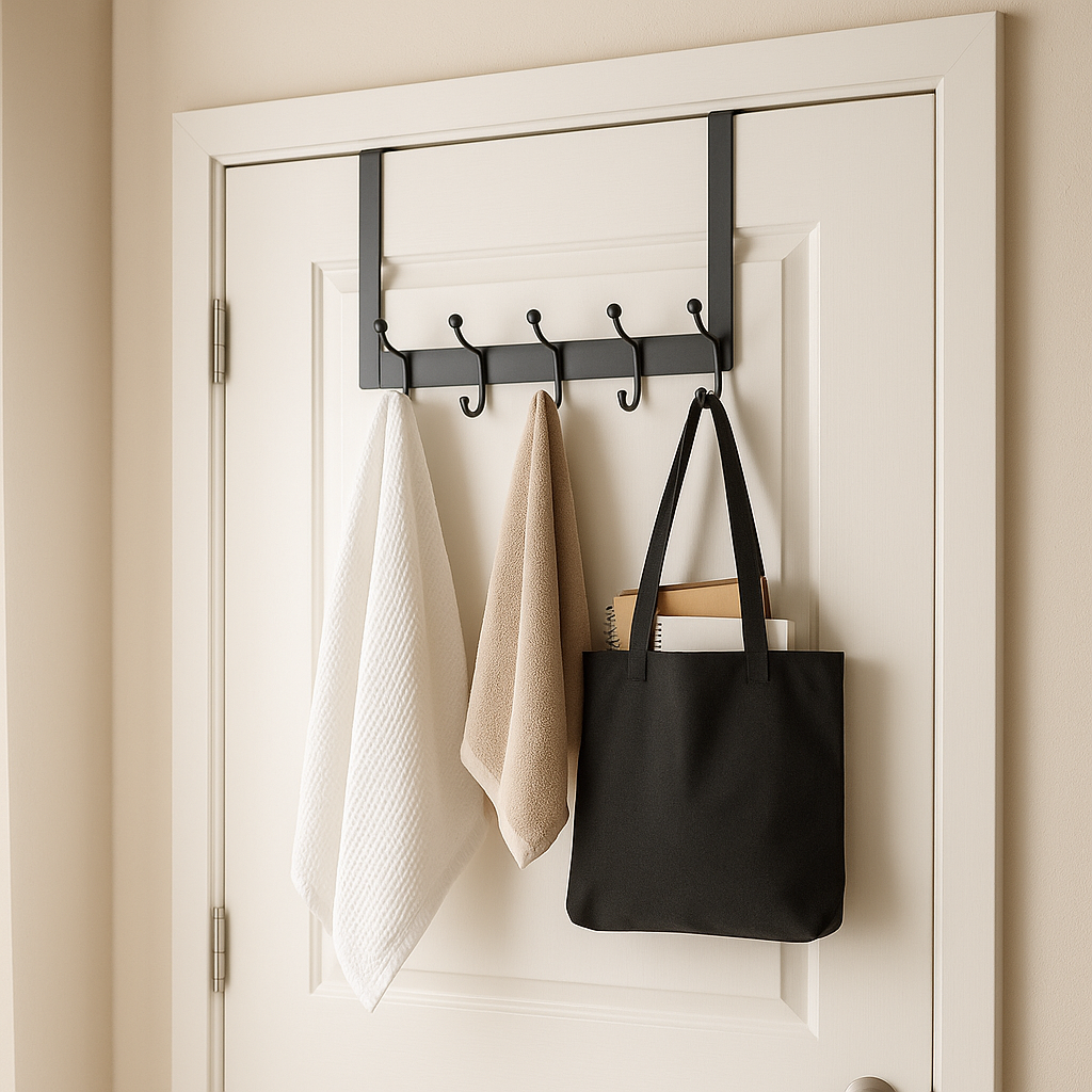 Slim steel racks with rounded tips and soft pads keep towels and bags handy without scratching the door. Dorm-safe, installs in seconds.