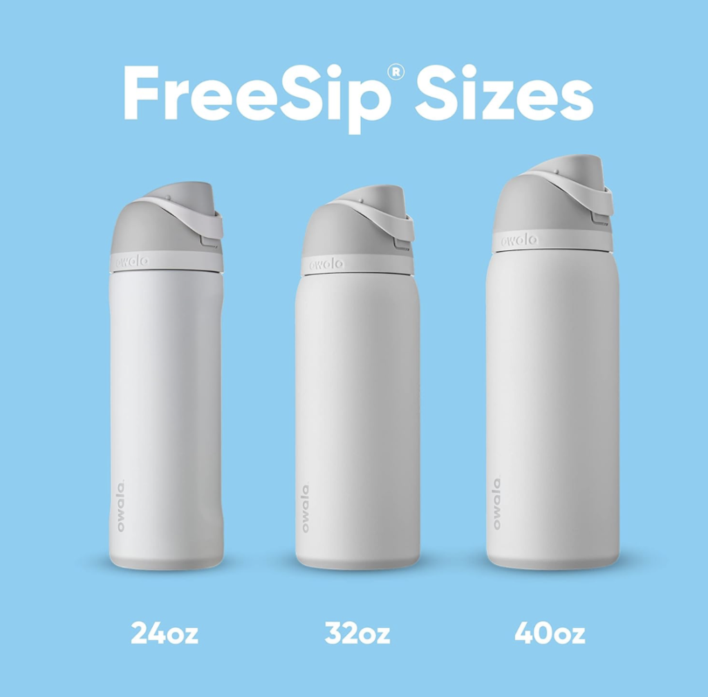 Water bottle + travel mug: Spill-proof stainless steel water bottle next to an insulated travel mug on a desk.