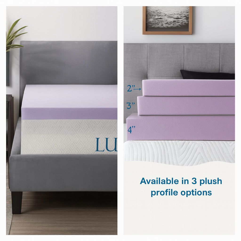 Right image: LUCID lavender memory foam topper shown in three thickness options—2", 3", and 4"—stacked on a bed.