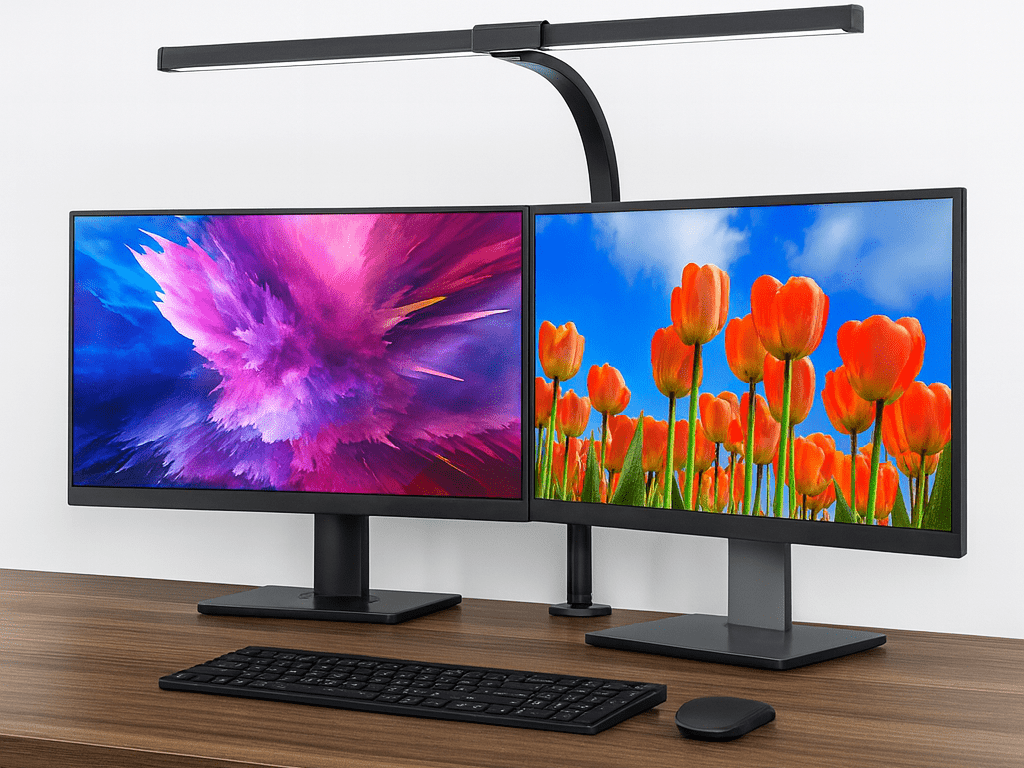 Clamp-on monitor light bar illuminating a dual-monitor desk setup, slim aluminum arm powered via USB-C over two screens.”