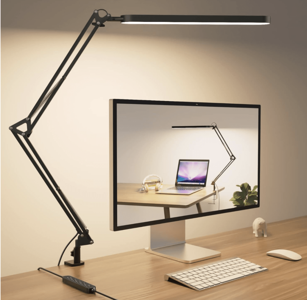 Clip-on desk lamp with dimmer & warm light.
