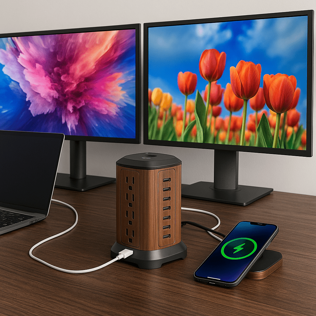 Infocard: Protection features around a wood-tone power tower: surge, short-circuit, over-current, over-voltage, overheat, grounded, overload and flame-retardant.