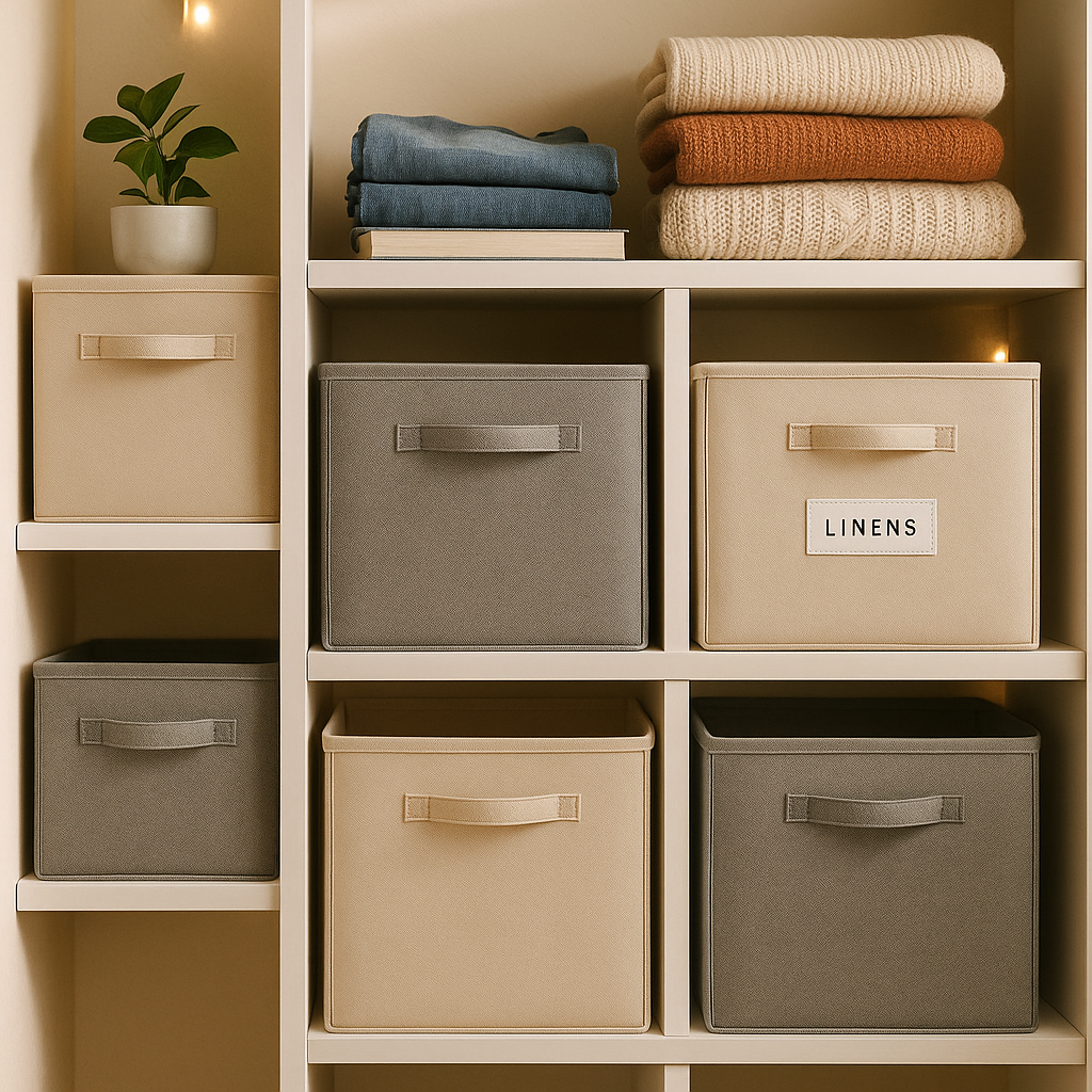 Neutral wicker storage cube baskets neatly arranged on closet shelves for clothes and accessories