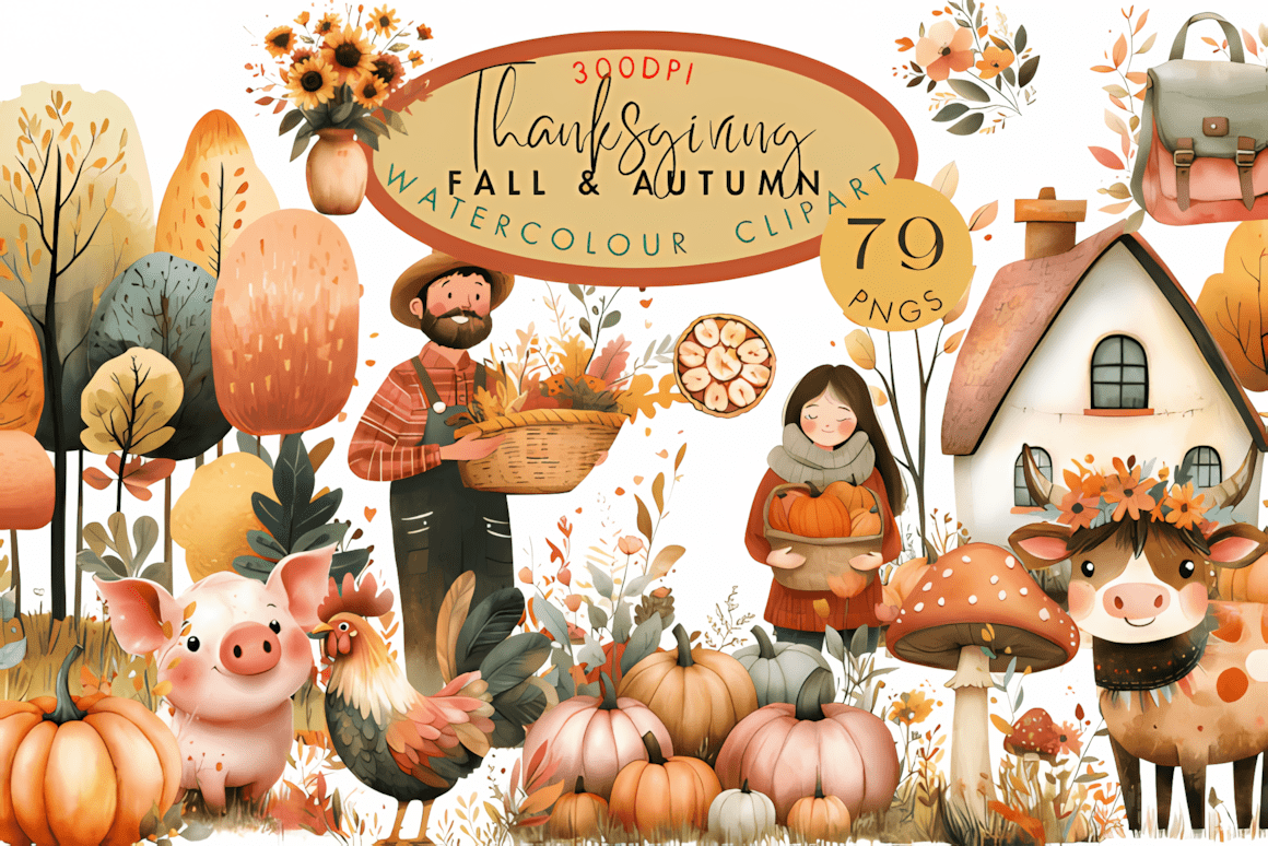 Watercolor Thanksgiving clipart set