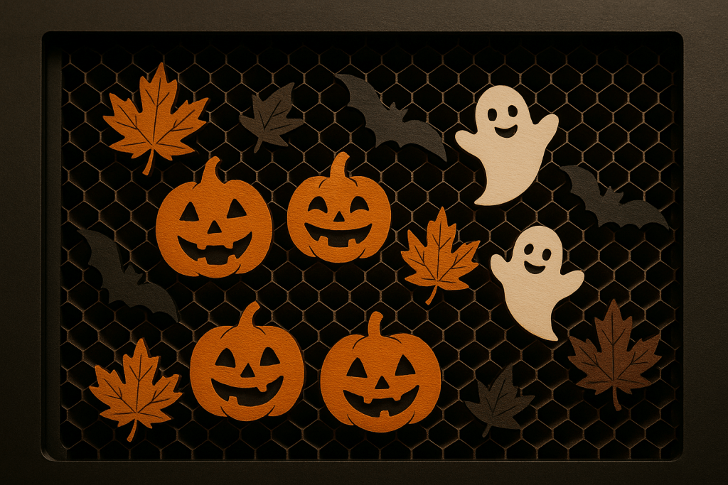 Autumn & Halloween laser cut files — pumpkins, bats, ghosts on honeycomb bed