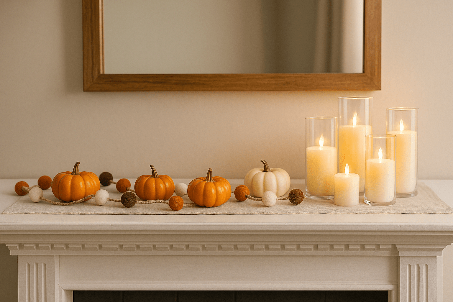 Mini pumpkins & fall garland — instant seasonal look