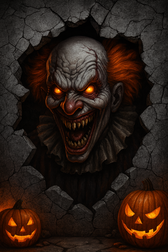 Halloween door cover with terrifying clown bursting through cracked wall — vinyl backdrop for front-door décor.