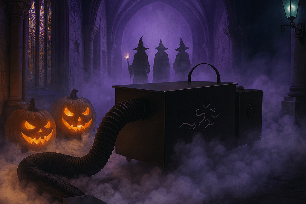 Low-lying fog machine with hose on a clean studio backdrop, subtle Halloween vibe — ideal for yard ground fog
