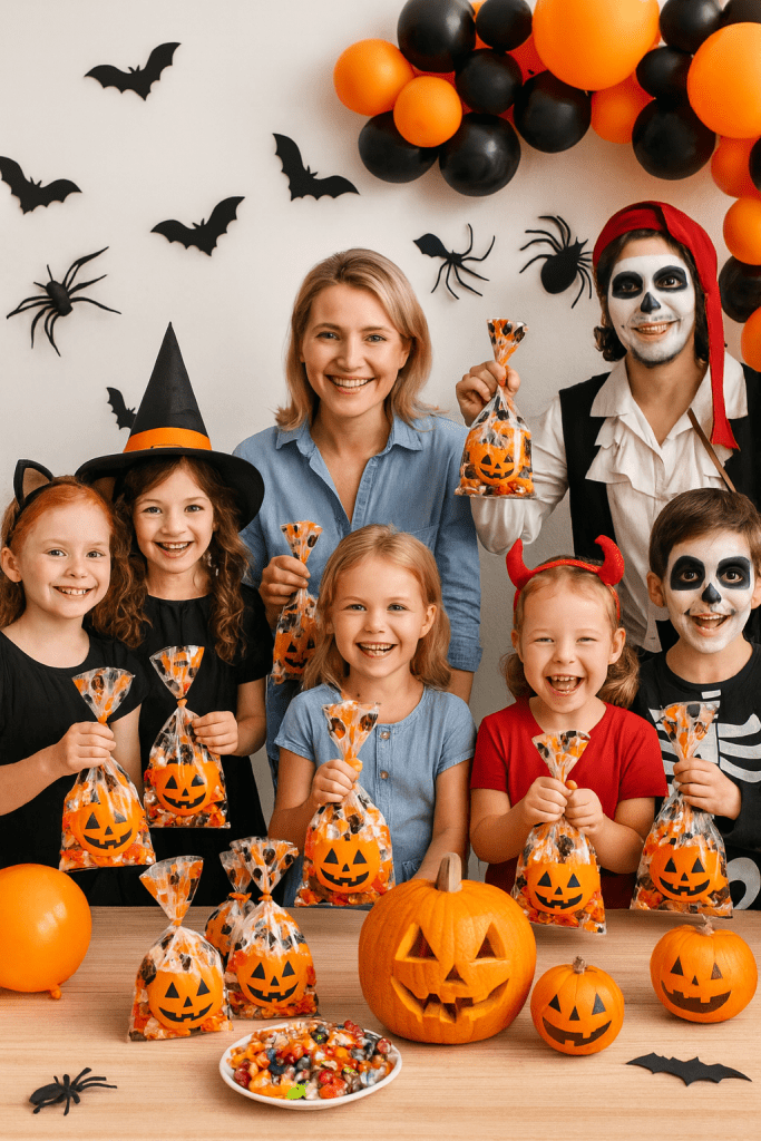 Halloween treat bags collage with kids in costumes and Happy Halloween badge