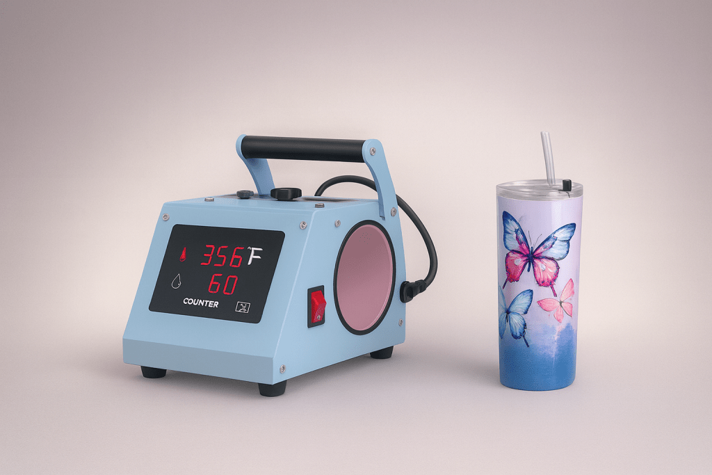 Light-blue tumbler heat press with digital display and 20oz skinny tumbler on a soft gradient studio background.