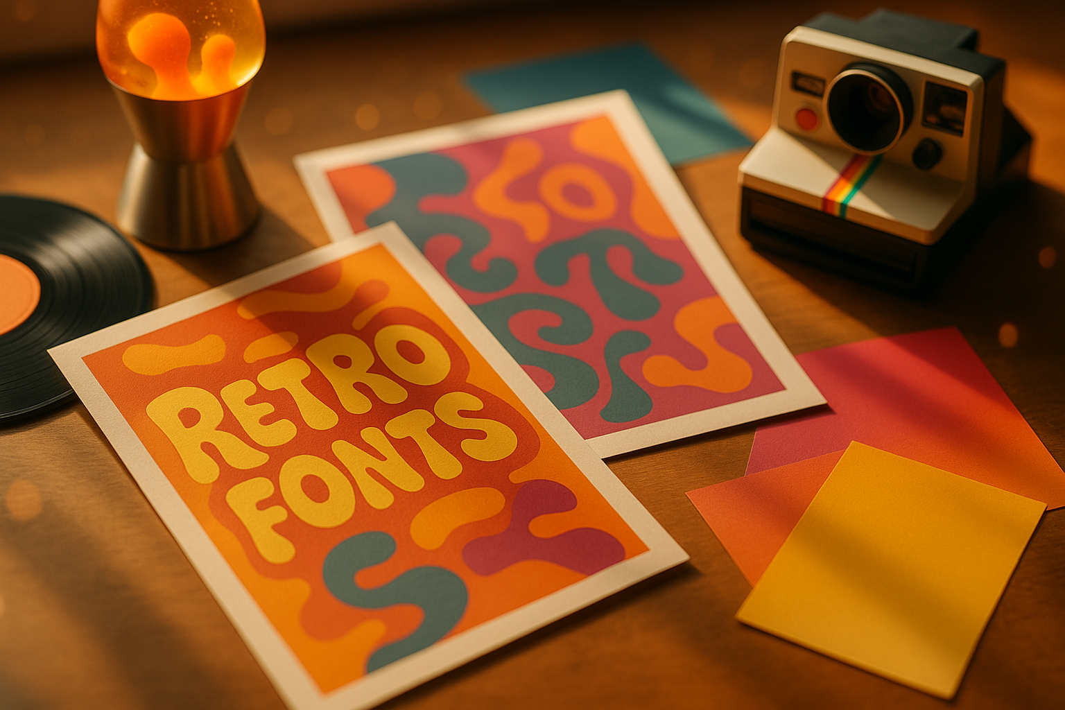 Retro / 70s groovy fonts - cassette, vinyl, and bubbly letters on a warm gradient.