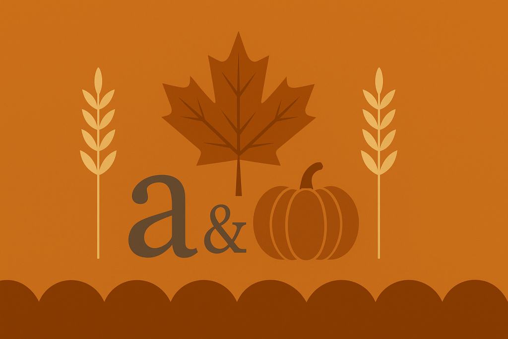 Autumn (Fall) fonts banner with centered maple leaf and pumpkin, warm brown–pumpkin palette, perfectly symmetric layout.