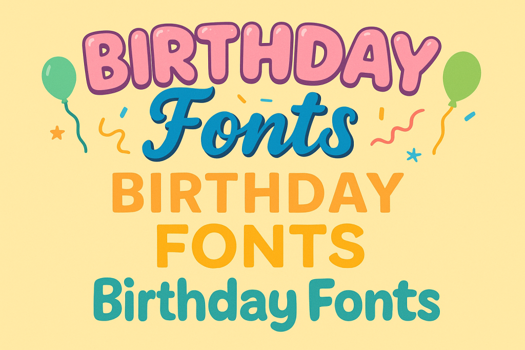 Birthday Fonts banner featuring playful display, brush script, and rounded sans with confetti.