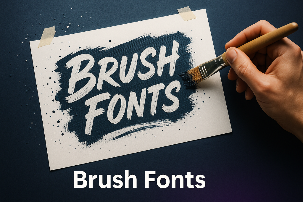 Hand painting “Brush Fonts” with a wide brush on taped white paper — bold dry-brush strokes, ink splatters, dark desk background.
