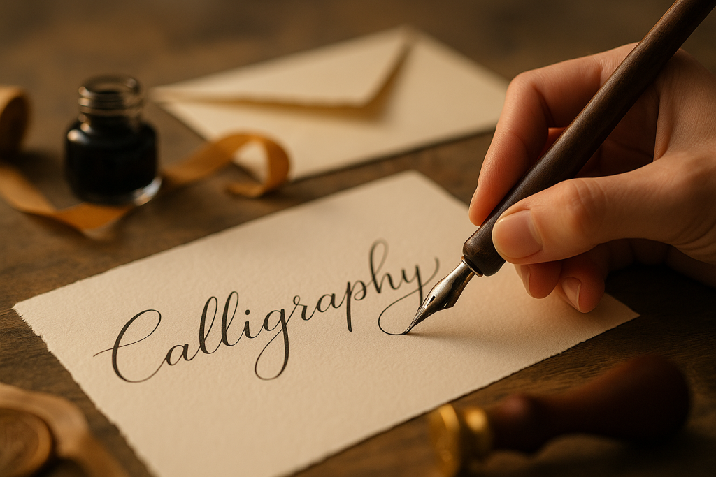 Calligraphy Fonts banner — close-up of a metal nib pen writing an elegant flourished word on cotton paper; soft light, shallow depth of field.