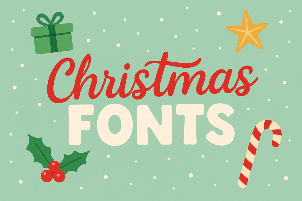 Christmas Fonts headline with script, serif and decorative styles on a festive winter background.