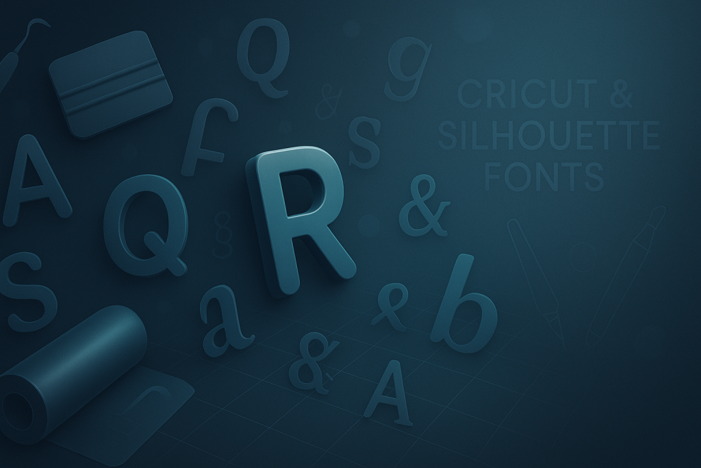 Cricut & Silhouette fonts banner with 3D letters on a dark teal gradient, vinyl roll, squeegee and pen tool icons.