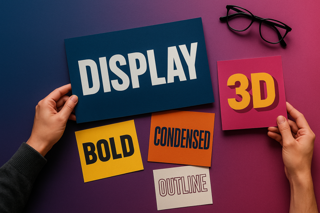 High-impact display fonts banner — bold, condensed, outline and 3D titles on colorful posters; clear at thumbnail size.