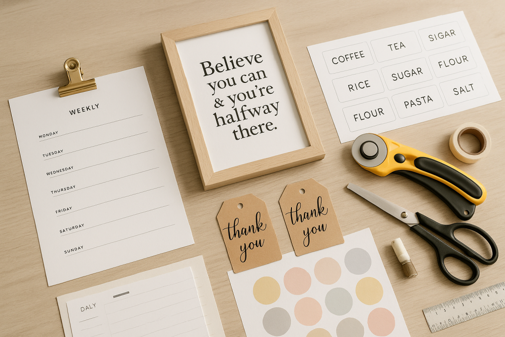 Short: Printed planner page, label stickers and thank-you tags on a crafting desk — fonts for Etsy printables.