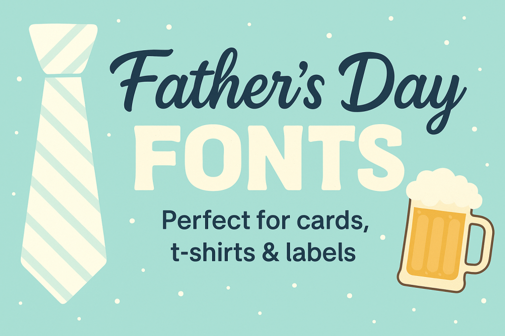 Father’s Day design examples including t-shirts, beer labels, BBQ menus, mugs, and engraved gifts using masculine fonts.”