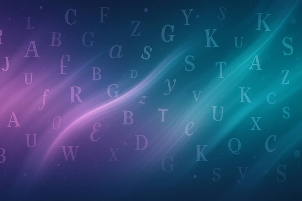 Abstract gradient with scattered letters by style — serif, sans, script, retro, outline, stencil.