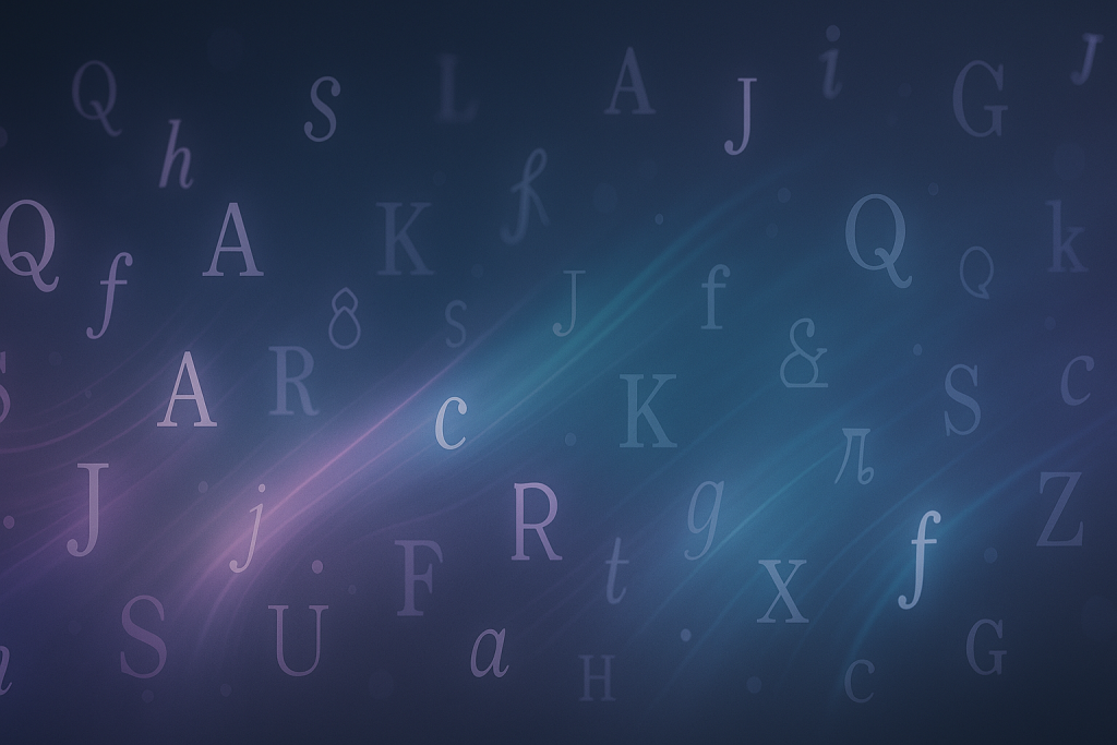 Abstract gradient waves with scattered letters, typographic background.