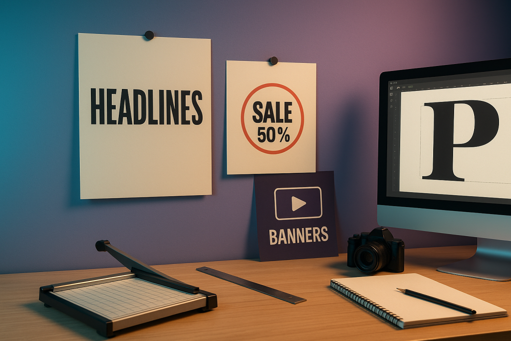 Headlines & Posters Fonts — gradient hero with ghost ‘H&P’, three stacked poster cards with soft shadows and UI pills ‘Banners’, ‘Thumbnails’, ‘Price Tags