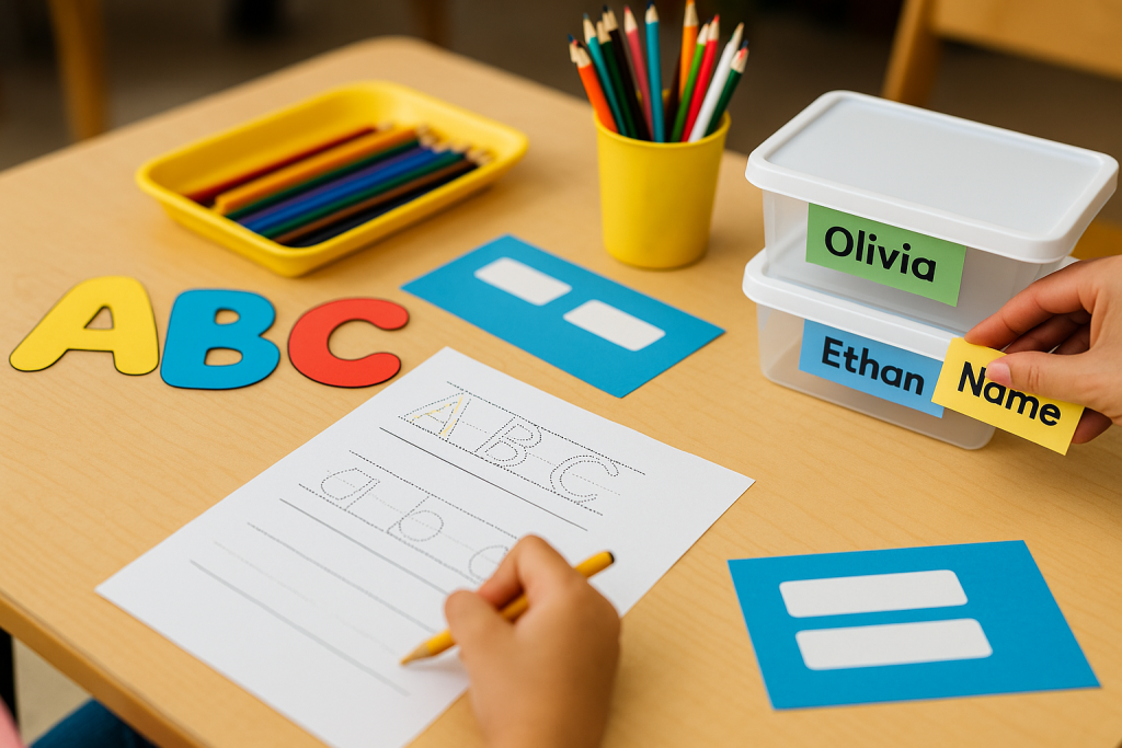 Kid-friendly fonts banner — chunky bubble letters, dotted tracing alphabet and clean classroom sans on colorful school stationery.