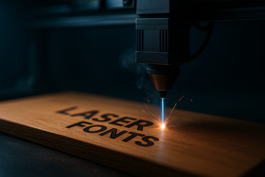 Close-up of a laser cutting head tracing glowing letterforms on acrylic.