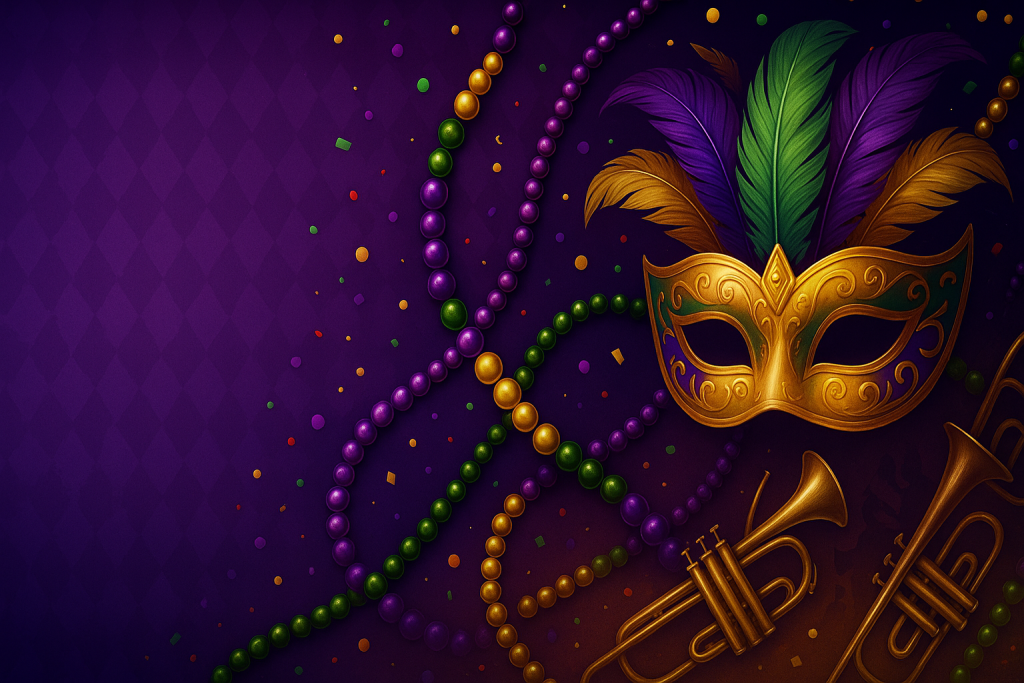 Horizontal Mardi Gras banner with gold mask, purple-green-gold beads, confetti and brass instruments on a deep purple background.