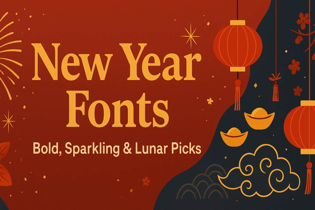 New Year & Chinese New Year fonts banner with glittery script headline, bold 2026 numerals, and red-gold festive motifs