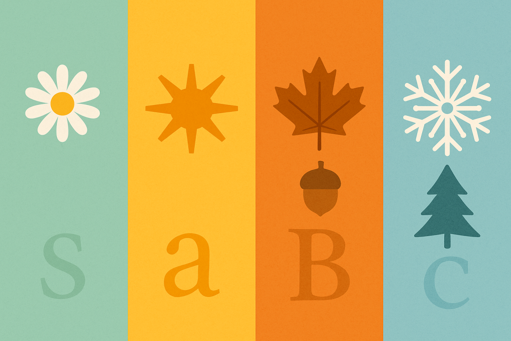 Seasonal fonts banner with four equal panels: Spring (daisy), Summer (sun), Autumn (maple leaf & acorn), Winter (snowflake & tree)