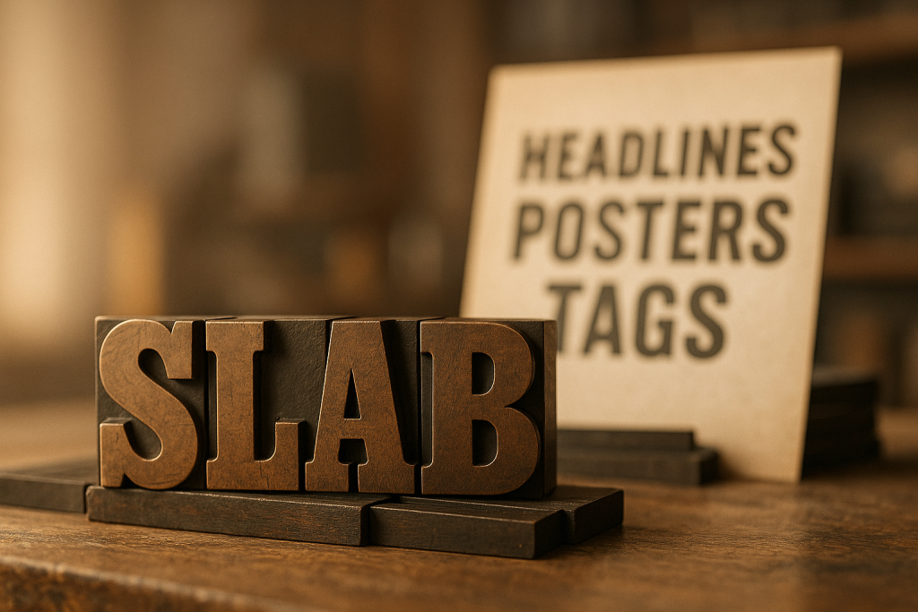 Slab serif fonts banner — bold block serifs, rounded slabs and condensed sets for posters and signage on a clean grid background.