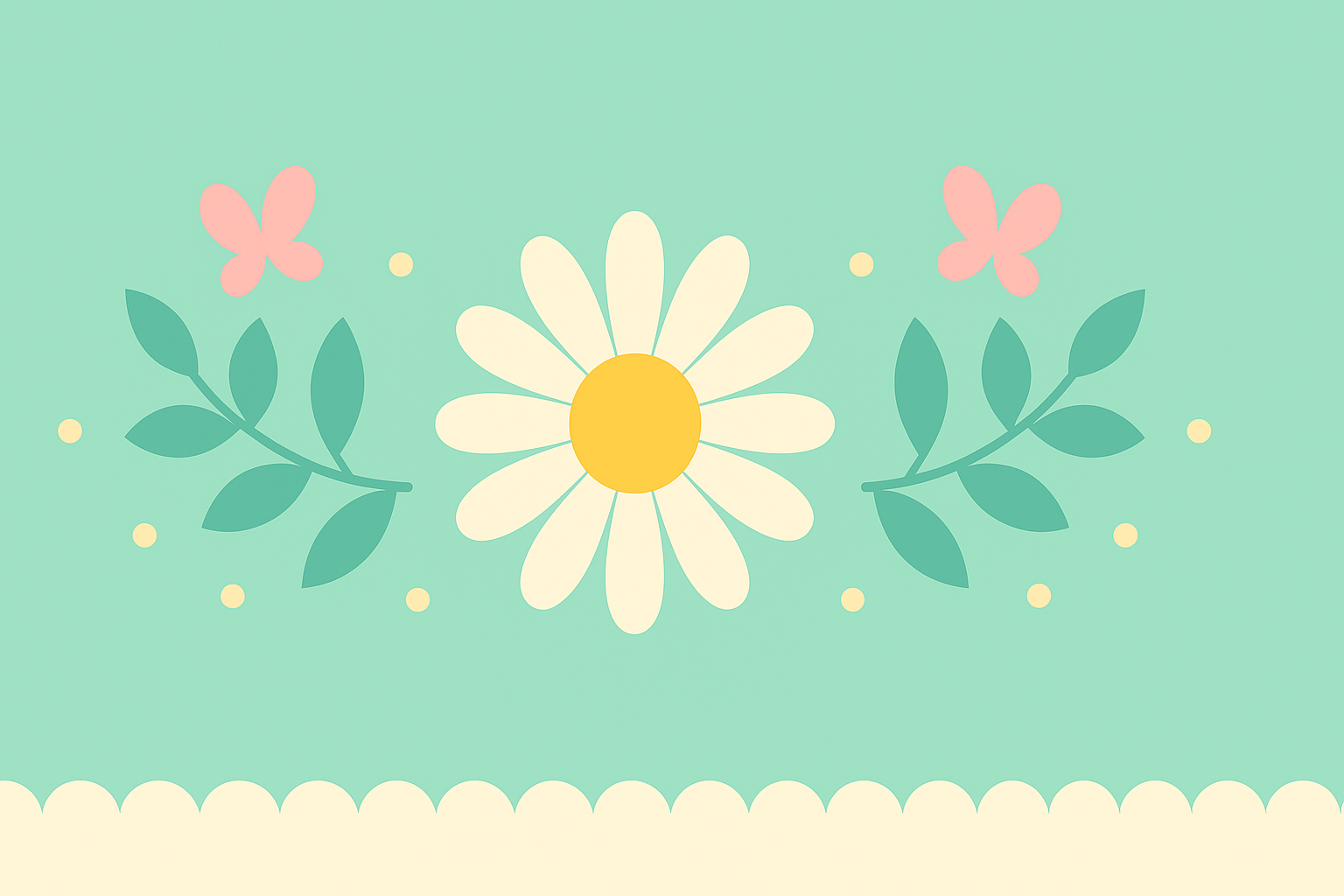 Spring fonts banner with a centered daisy, mirrored leaf branches and pastel butterflies on a mint background.